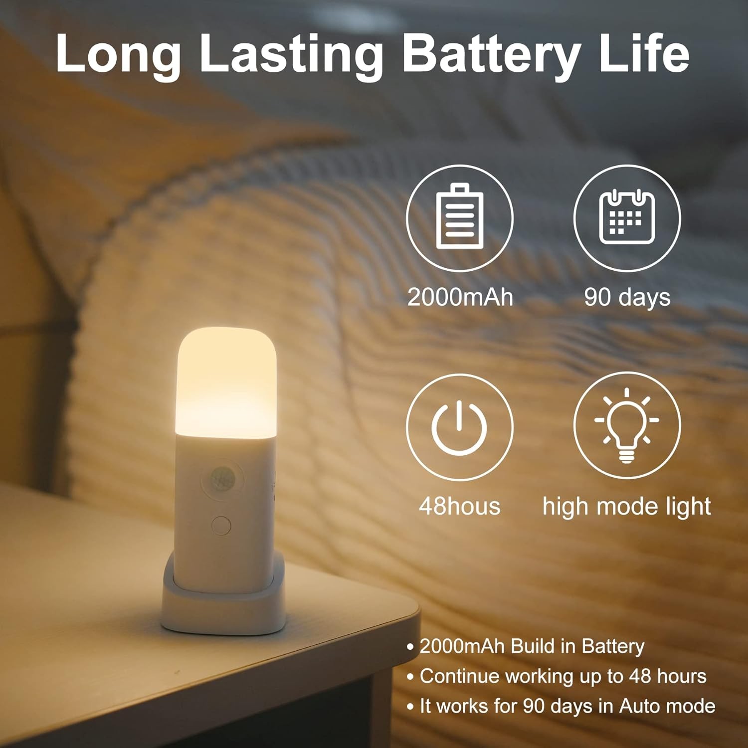 Motion sensor night light, 2000mAh rechargeable night light battery
