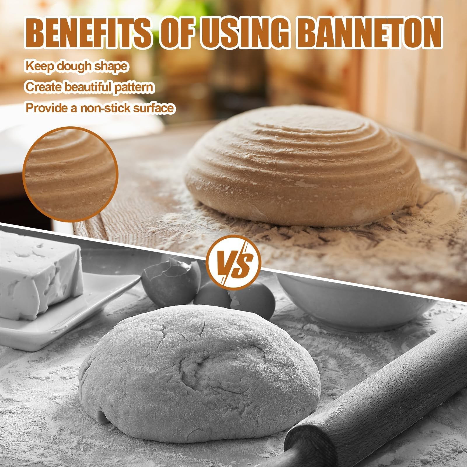 Dimpola Banneton Bread Proofing Basket 9 inch Banneton Basket Set of 2 Sourdough