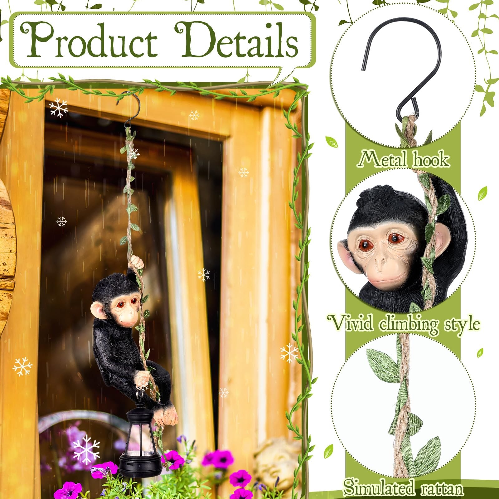 Solar Light Outdoor Monkey Statue Black 7.48 Inch Resin Chimpanzee Climbing