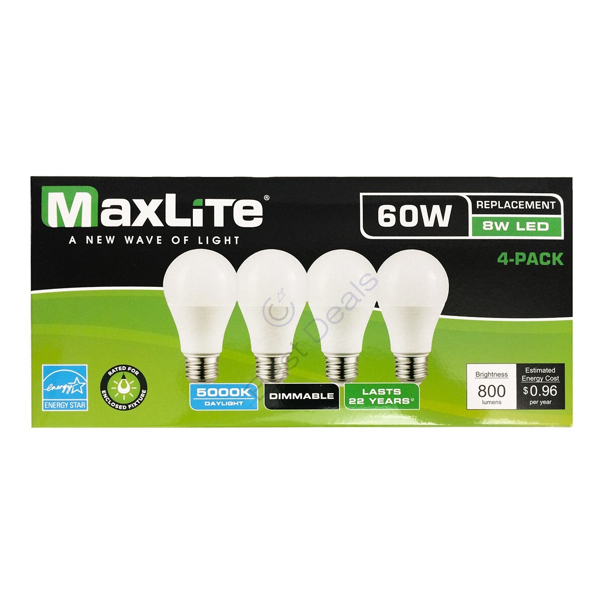 96 Pack Maxlite Dimmable LED 8W Daylight Light Bulb A19 60W replacement 5000K