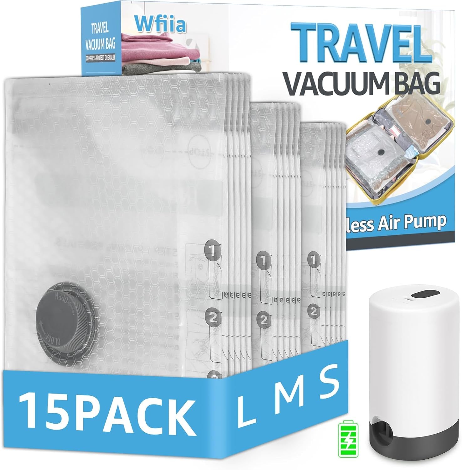 15pk Travel Vacuum Bags w/ Rechargeable Pump 3 Sizes Compression for Luggage