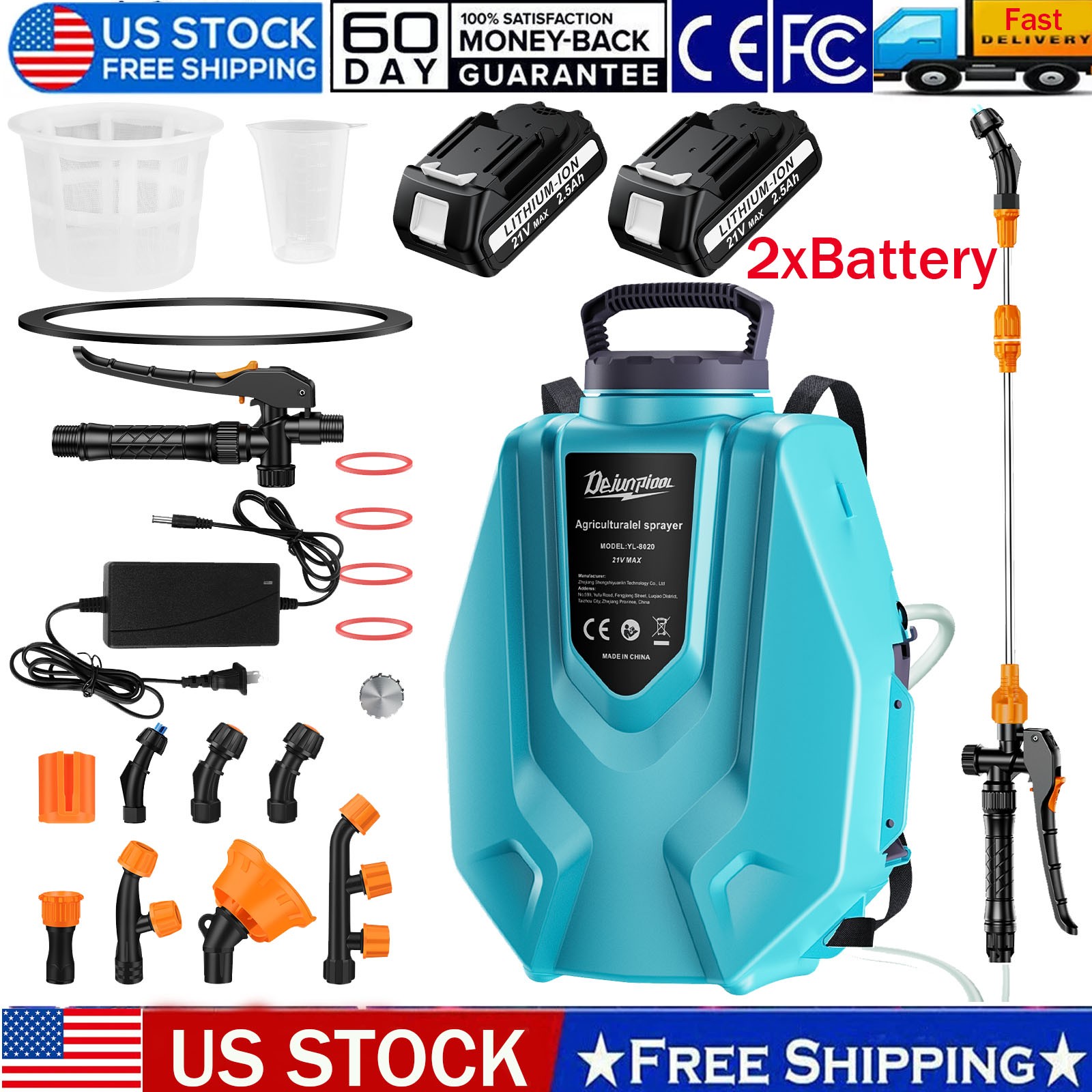 3.2 Gallon Battery Powered Backpack Sprayer with 2 Battey and 6 Nozzles for Lawn