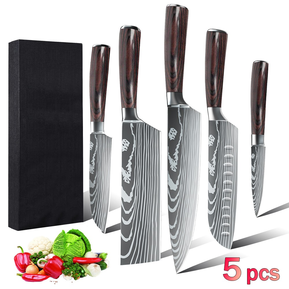 5PCS Kitchen Knives Set Japanese Damascus Style Stainless Steel Chef’s Knife