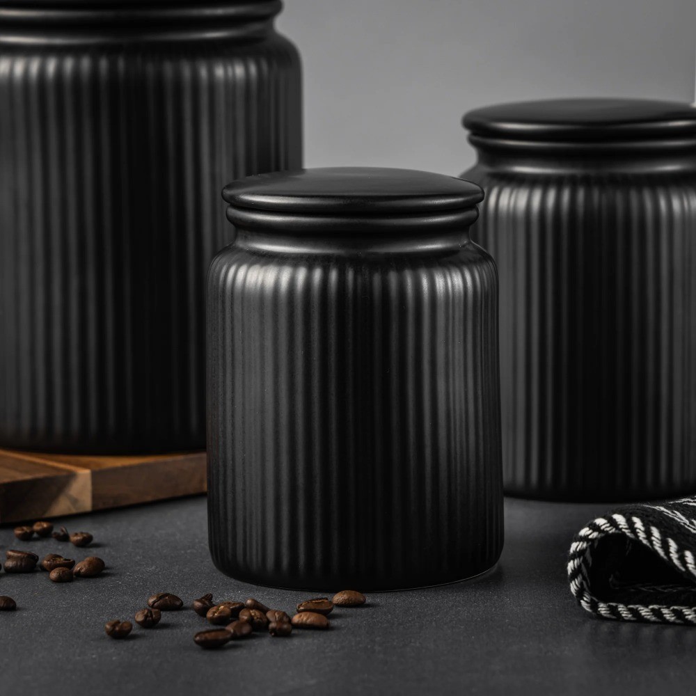 Small 580mL Ceramic Ribbed Kitchen Storage Jar Black Canister