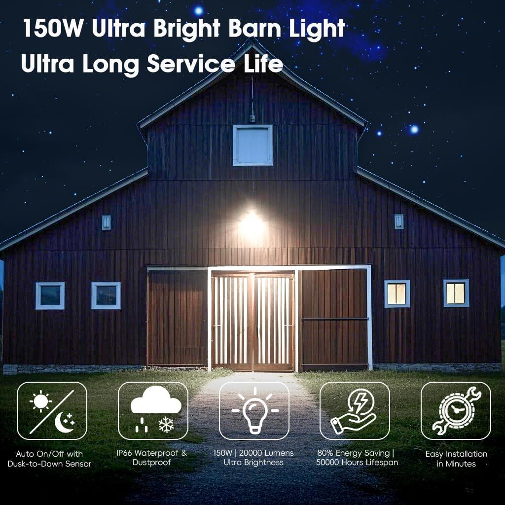 150W LED Barn Light 20000LM Dusk to Dawn Security Flood Lights IP66 Waterproof