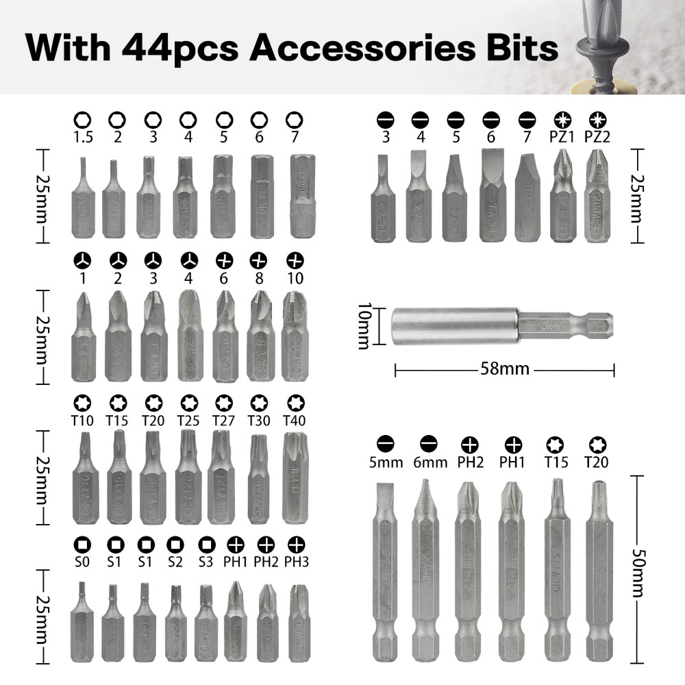 4V Cordless Electric Screwdriver Kit USB Rechargeable Power Tool 43PCS Bits Set