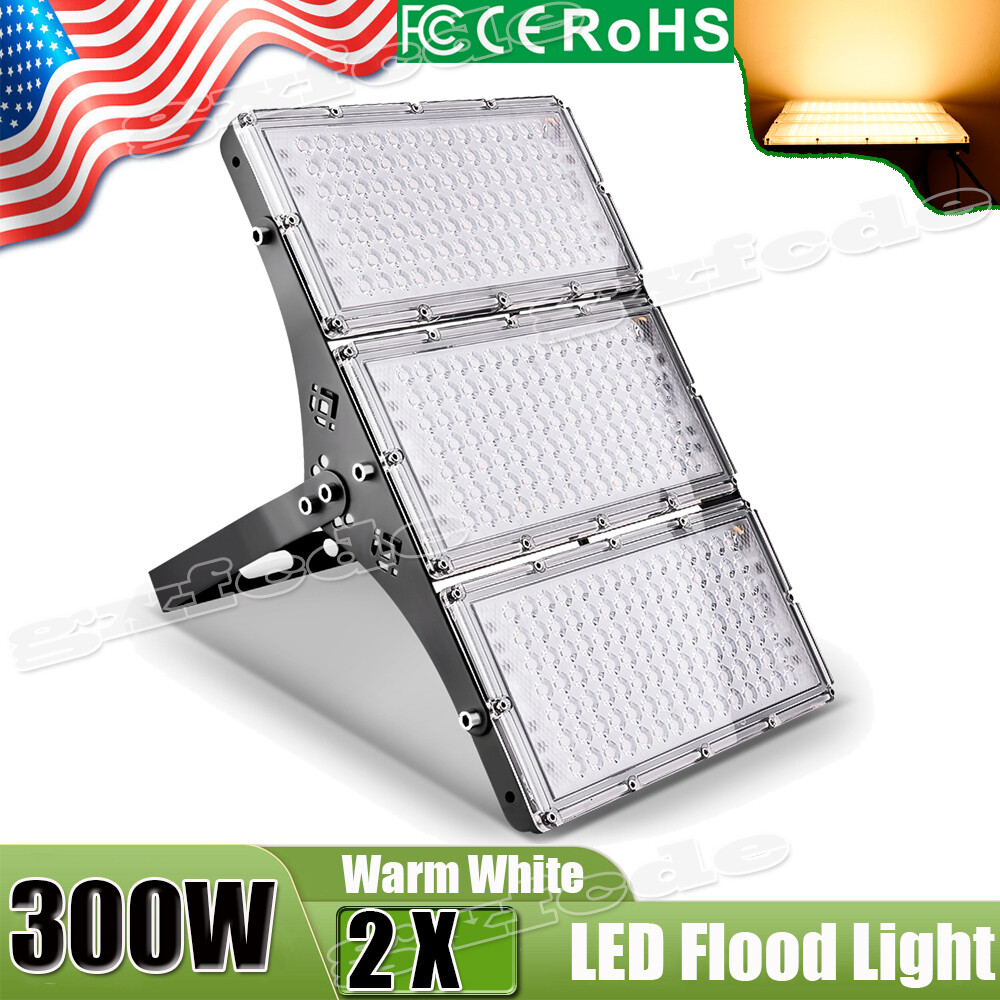 2Pcs 300W LED Flood Light Lamp Ouoor Street Parking Lot Spotlight Warm White