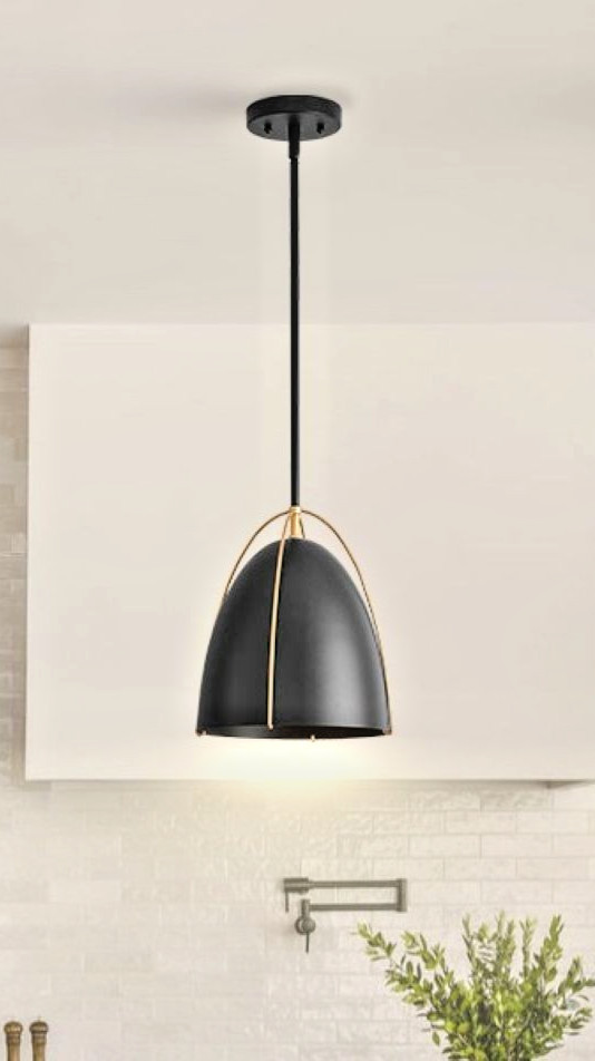 Black Dome Pendant Light, 10in, Kitchen, Dining Room, Black & Gold, E26