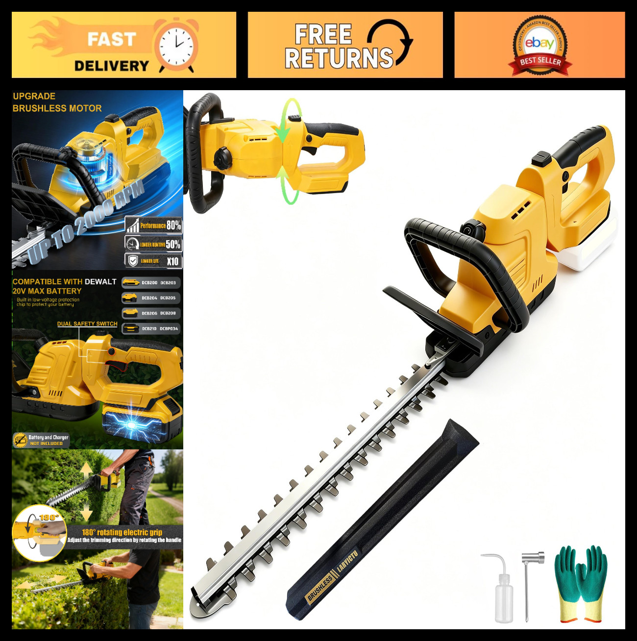 Cordless Hedge Trimmer 20” Dual-Action Blade, Automatic Lubrication, Rotatable