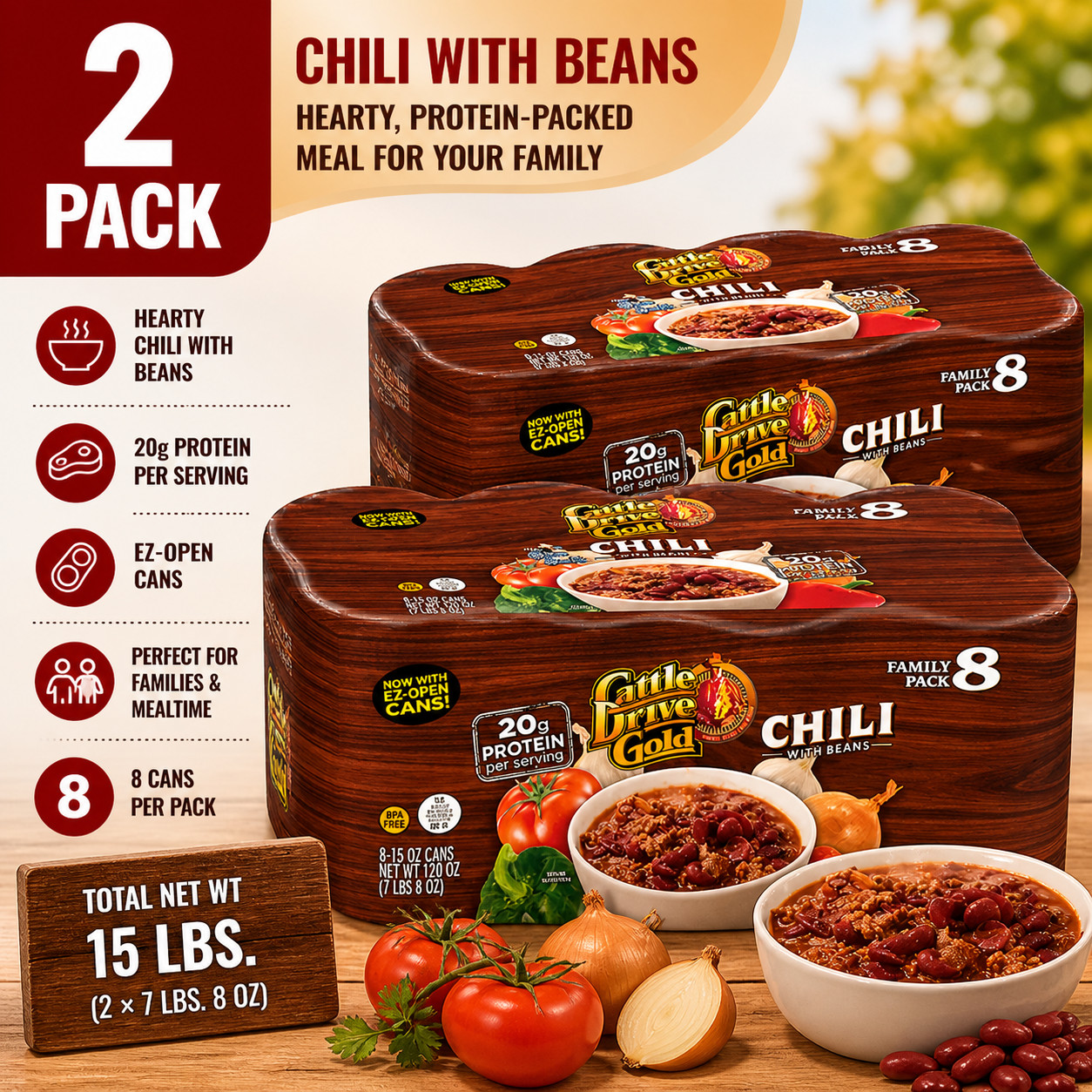 2-Pack Cattle Drive Beef Chili with Beans, 15 oz, 8 ct