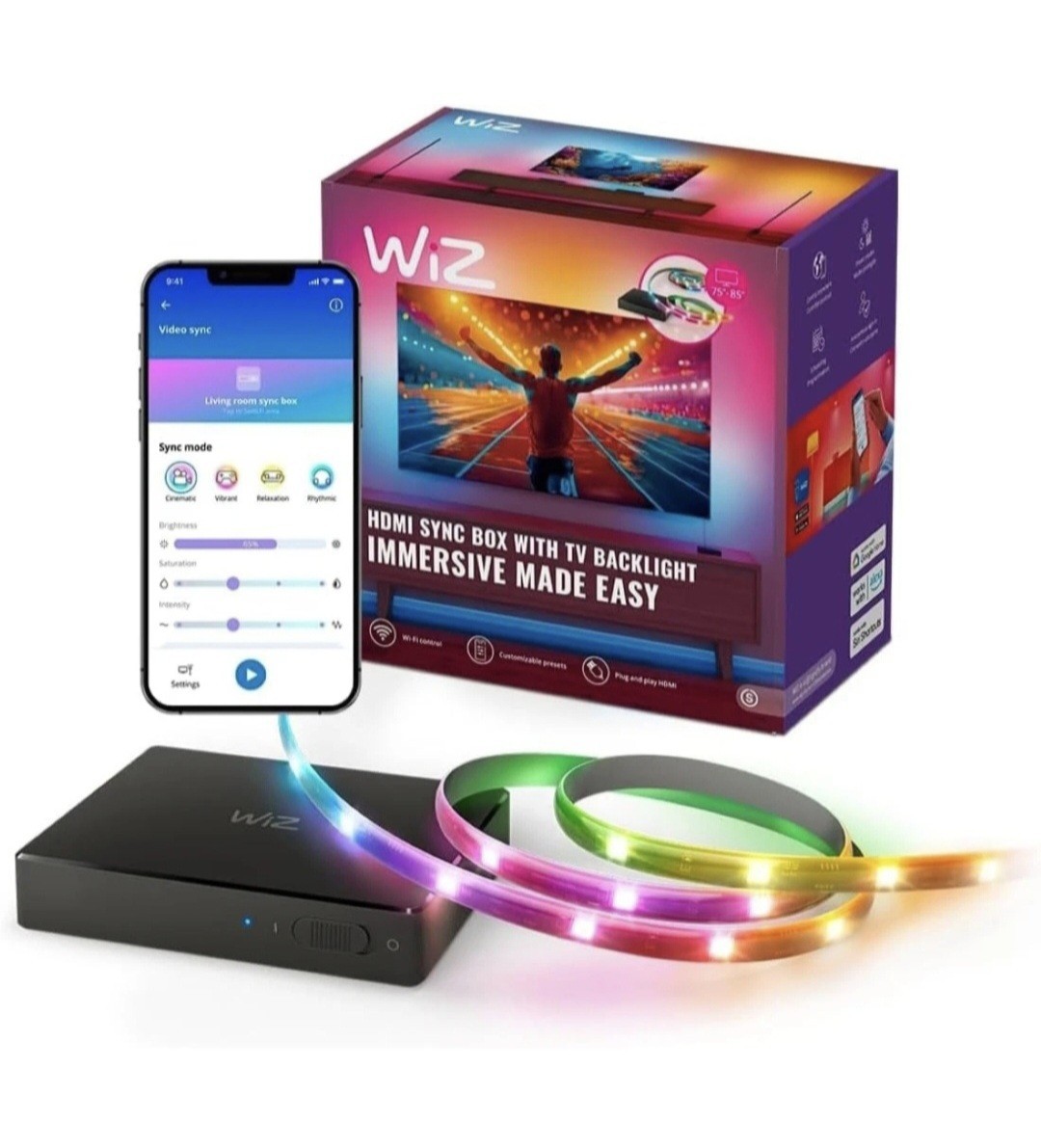 WiZ HDMI Sync Box W/TV Backlight, Multicolor LED, Wi-Fi, For 75″-85″ TVs New
