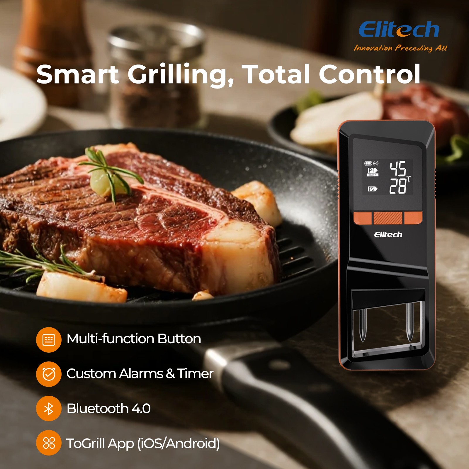 Bluetooth 4 Probe Meat Thermometer Wireless Roast BBQ Turkey Kitchen Cooking