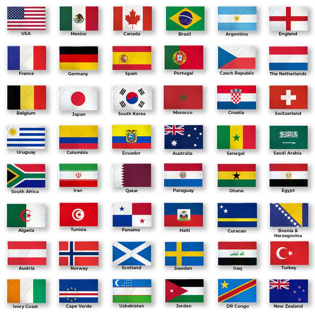 World Cup 2026 48 Country Flags Set 2x3ft Soccer Team Collection