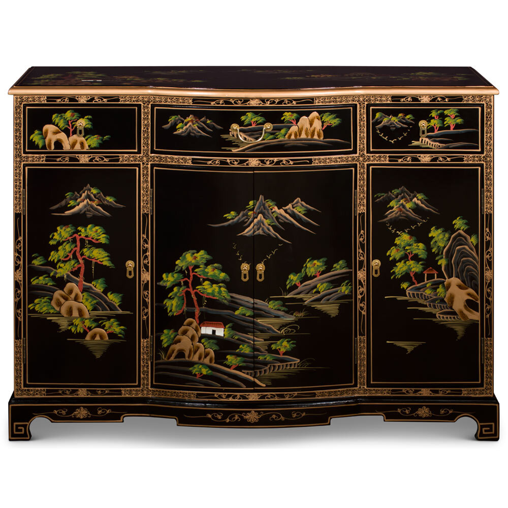 US Seller – Black Lacquer Chinoiserie Scenery Motif Oriental Hall Cabinet