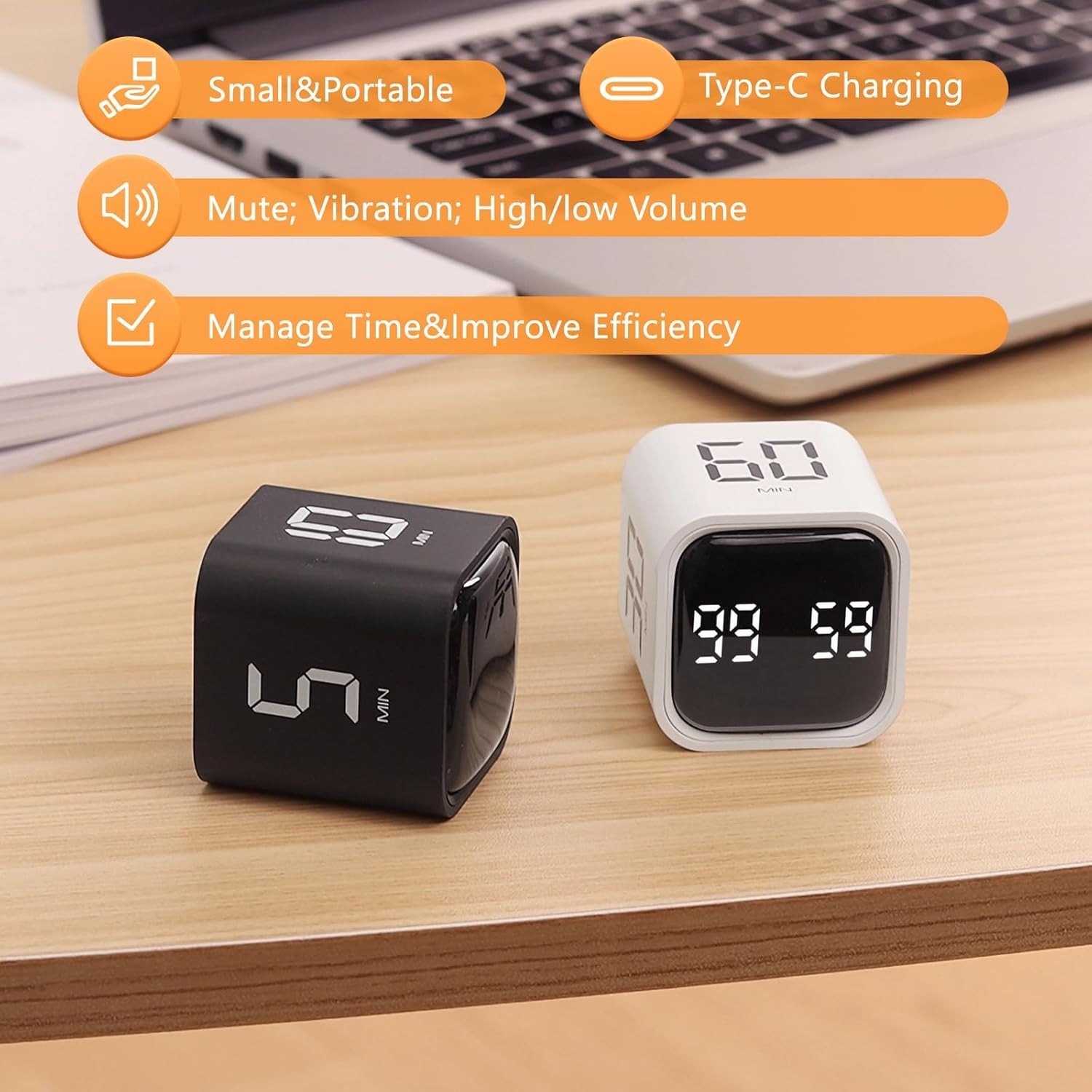 Digital Cube Pomodoro Timer Desk Rechargeable Productivity Timer 5/10/30/60min &