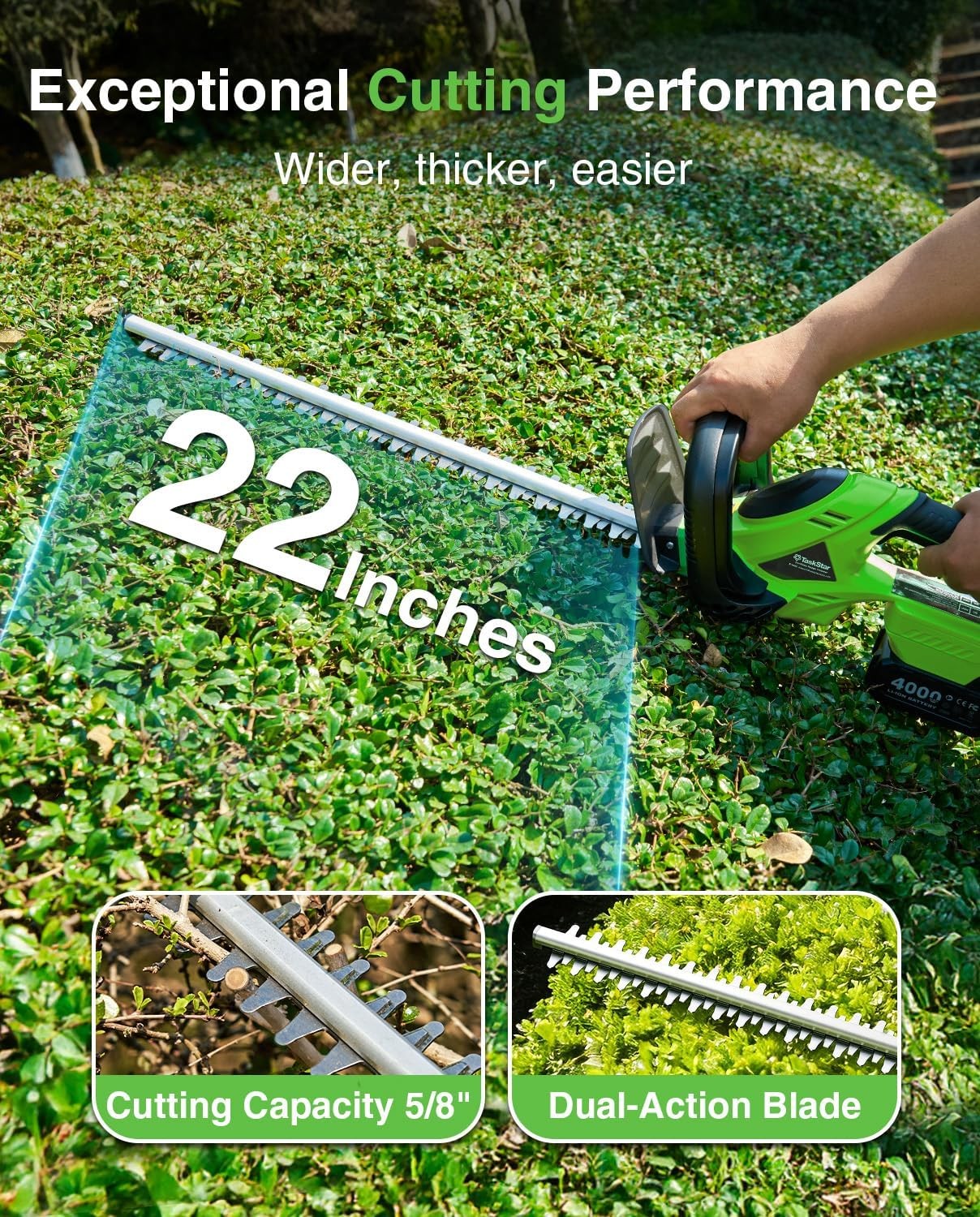 Taskstar 600W 22″ Cordless Hedge Trimmer Dual-Action Blade 2 Pack 4.0Ah Battery