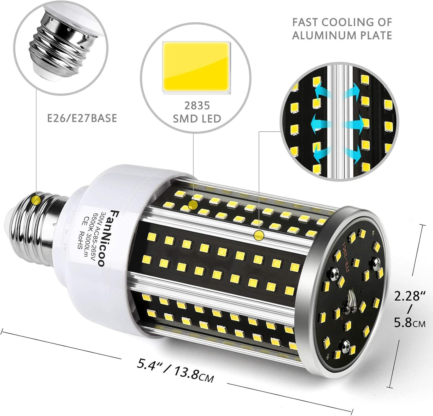 LED Corn Light Bulb 2 Pack 200W Equivalent Cool Bright Daylight White 30W 6500K