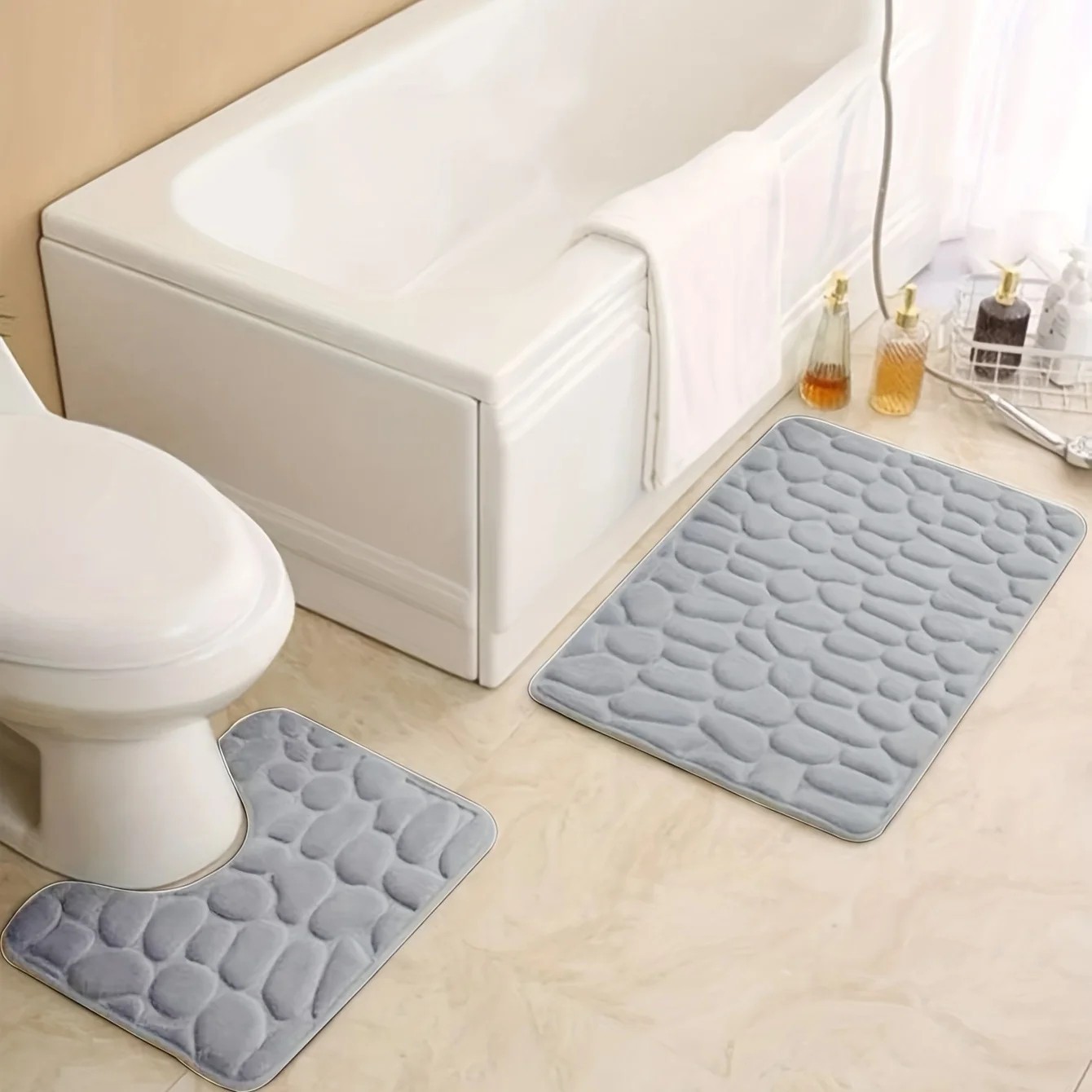 2PC Non Slip Bathroom Mat Set Absorbent Toilet Rug Washable Door Carpet