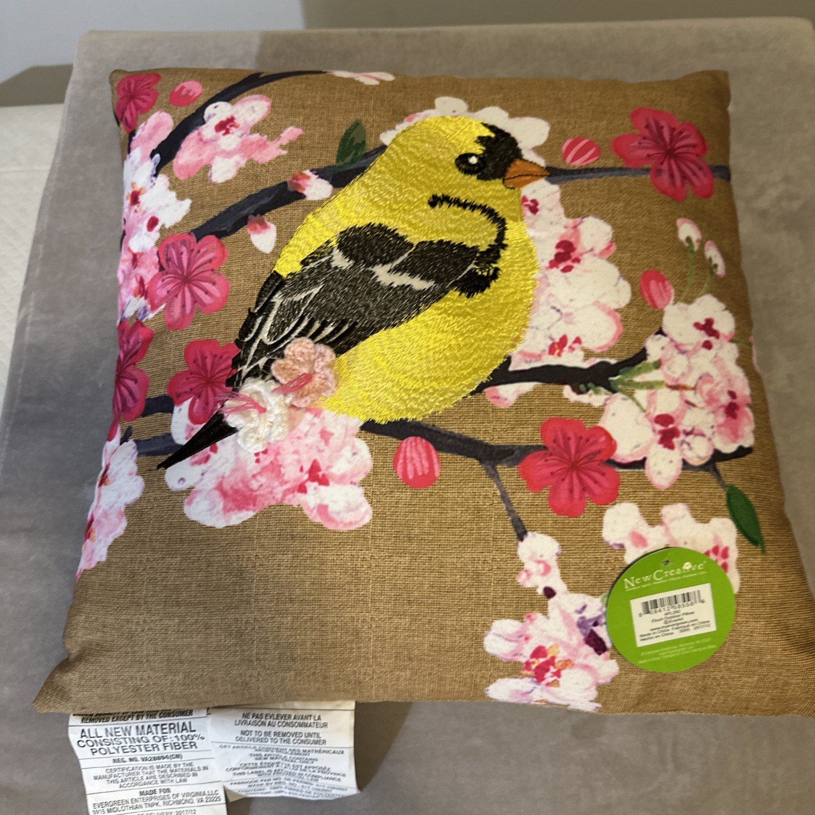 Yellow Finch Embroidered Indoor Outdoor Pillow Crochet Flowers 17 x 17