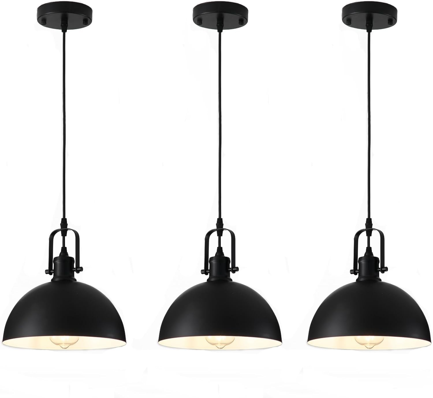 Matte Black Metal Dome 9.84in Modern Pendant Light Fixtures (Pack of 3)