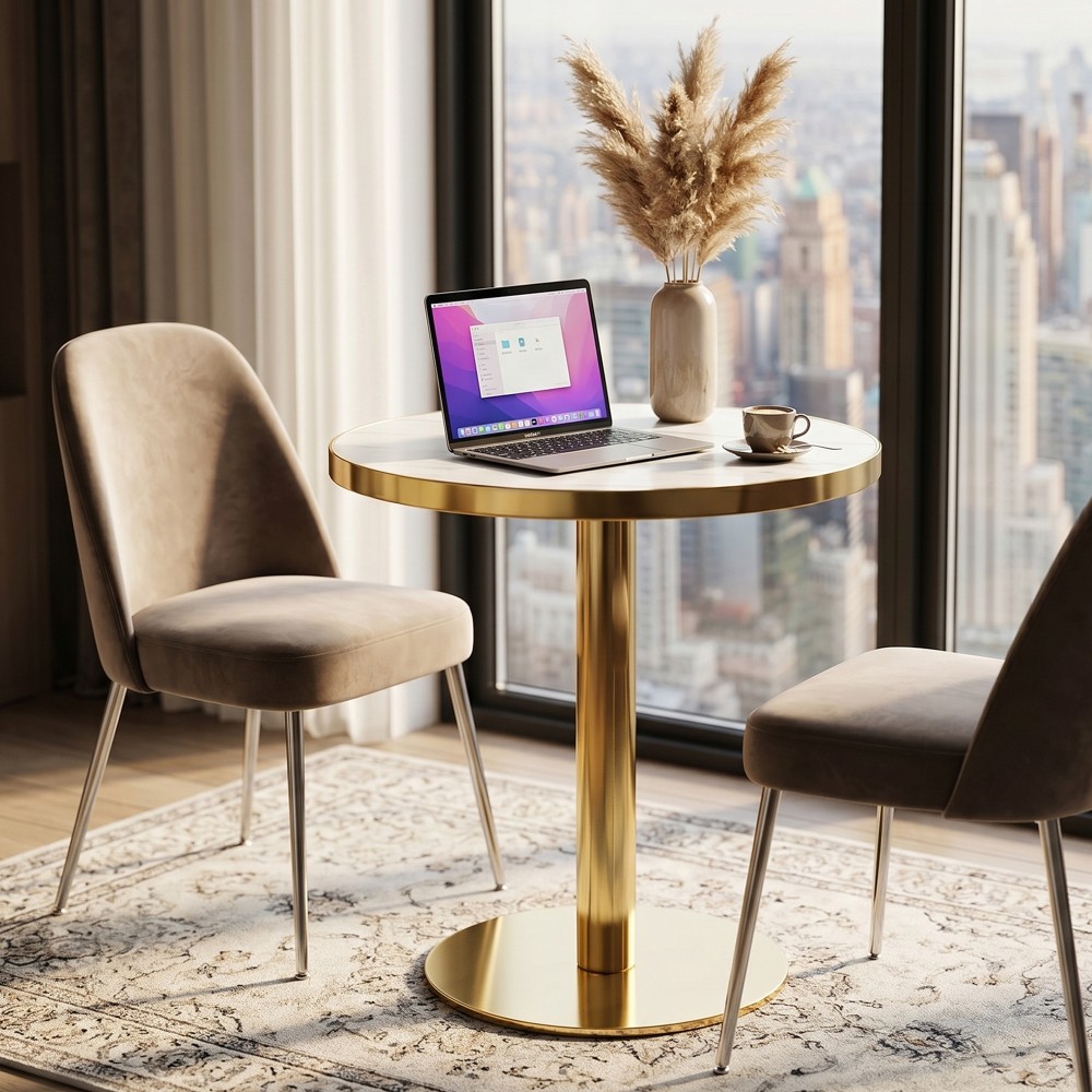 23.6″ Round MDF sprayed with UV paint countertop, whiye marble texture, gold
