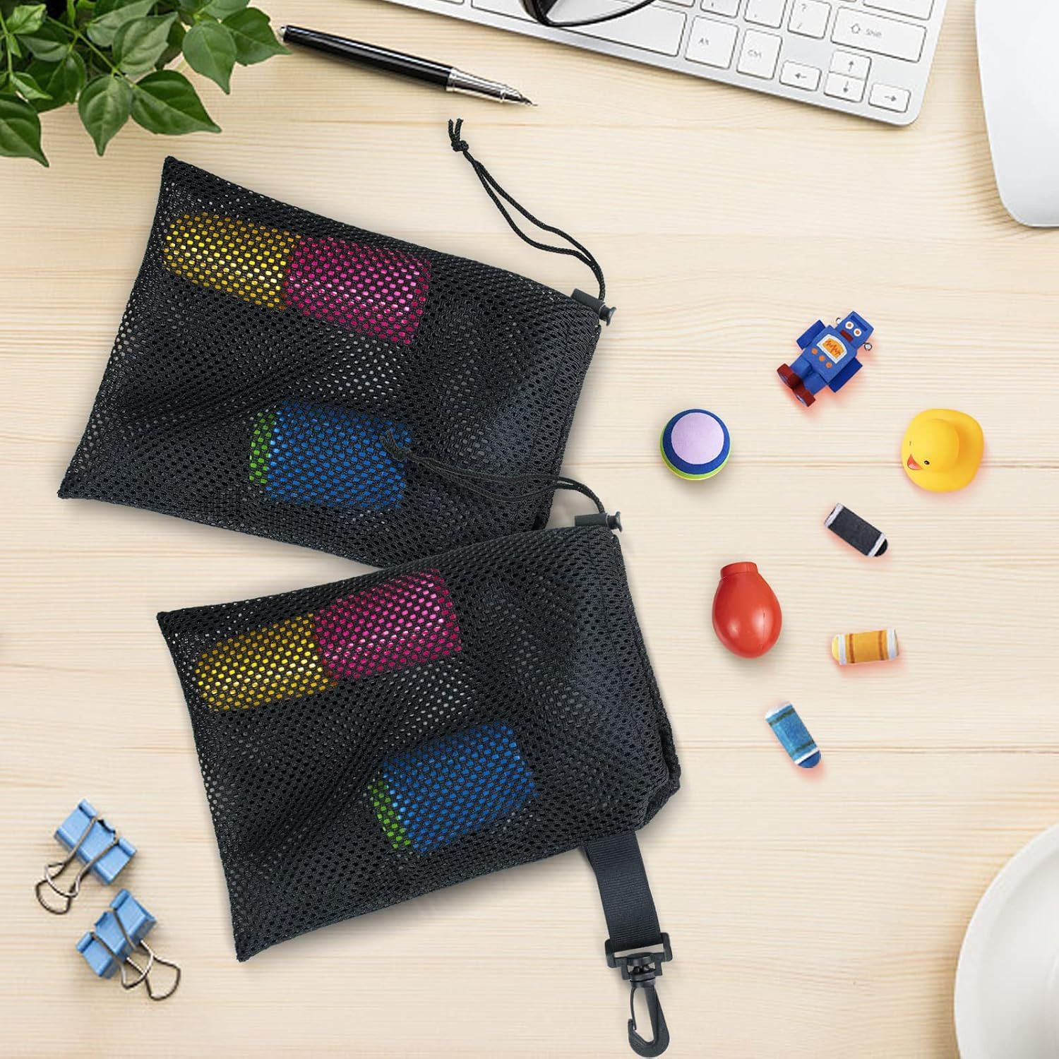 10 PCS with Clips Mesh Drawstring Bags, Portable Nylon Storage Bags for Toy,Spor