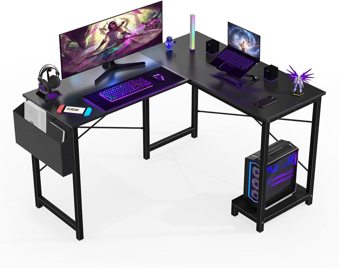 L Shape Home Office Corner Computer Desk Gaming PC Table with CPU Stand Side Bag