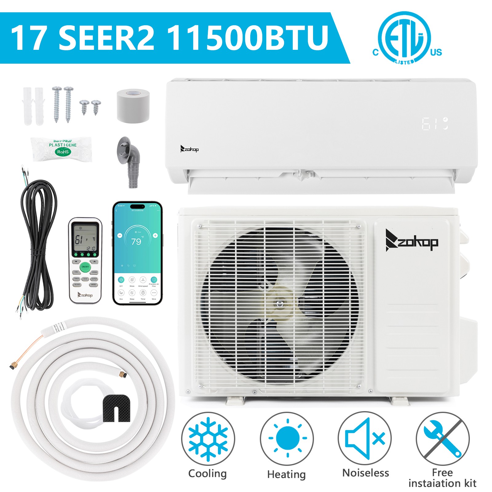 11500 BTU Ductless Air Conditioner AC Heat Pump Wifi Mini Split 115V W/Unit kit