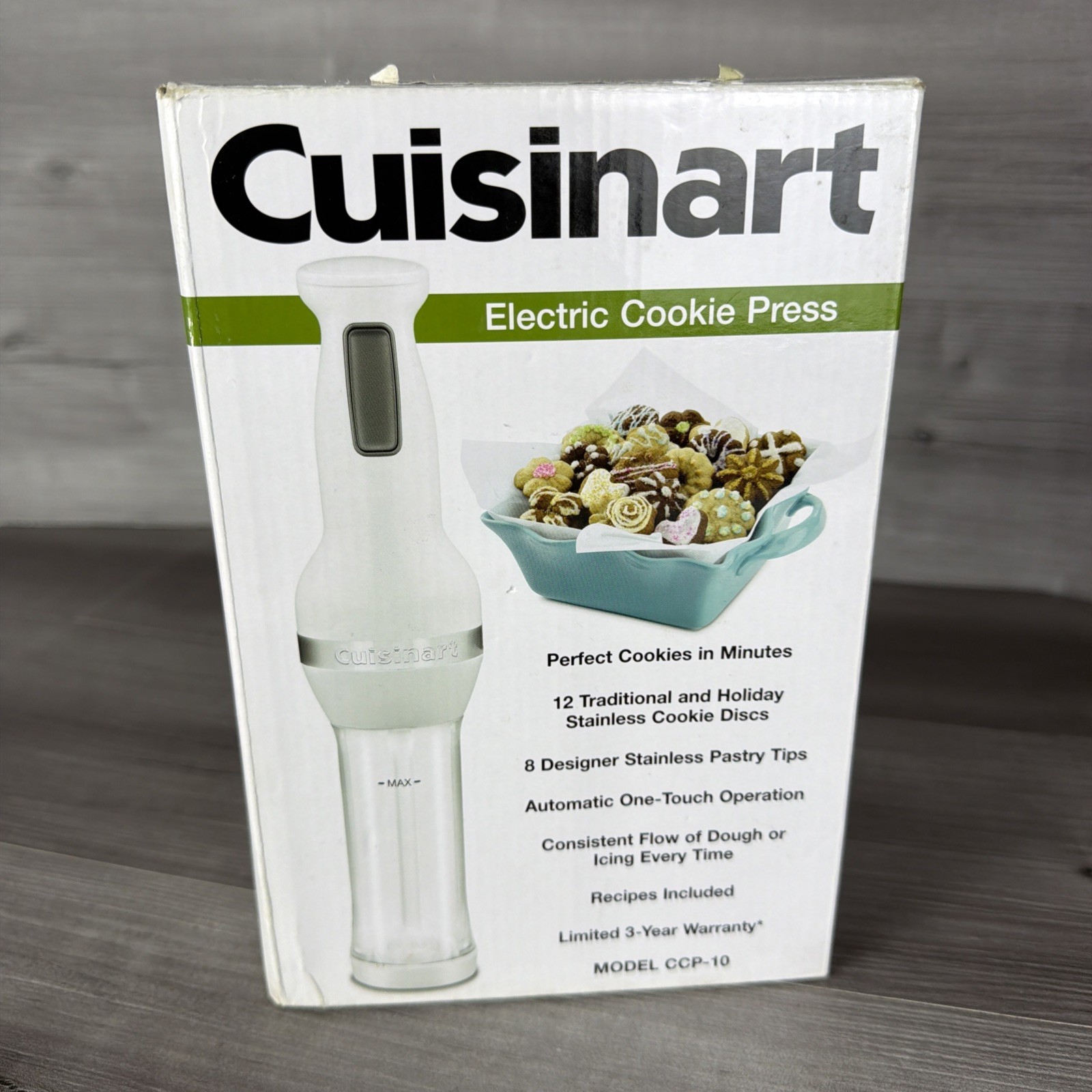 Cuisinart Electric Cookie Press Model CCP-10 New Open Box with 12 Discs 8 Tips