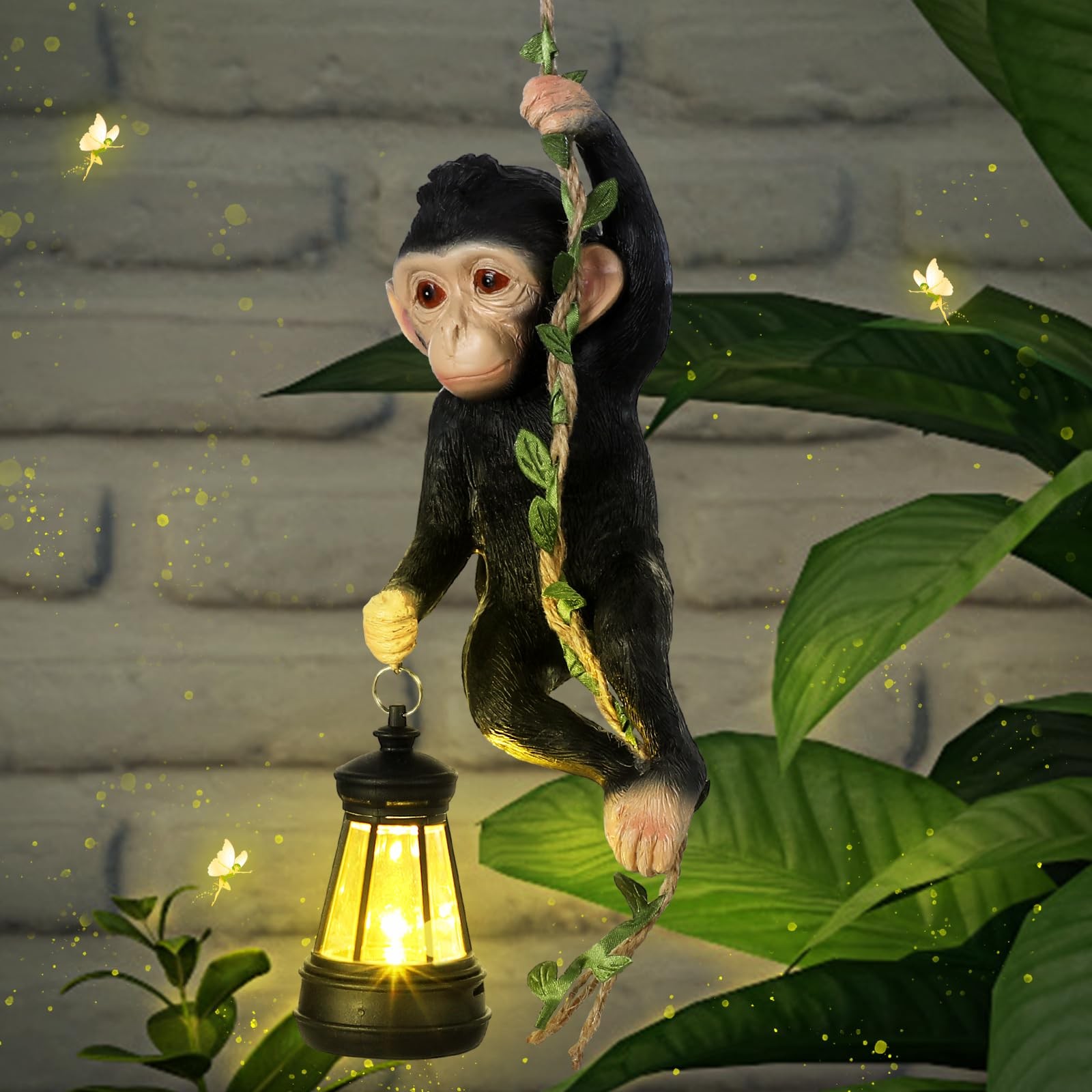 Solar Light Outdoor Monkey Statue Black 7.48 Inch Resin Chimpanzee Climbing