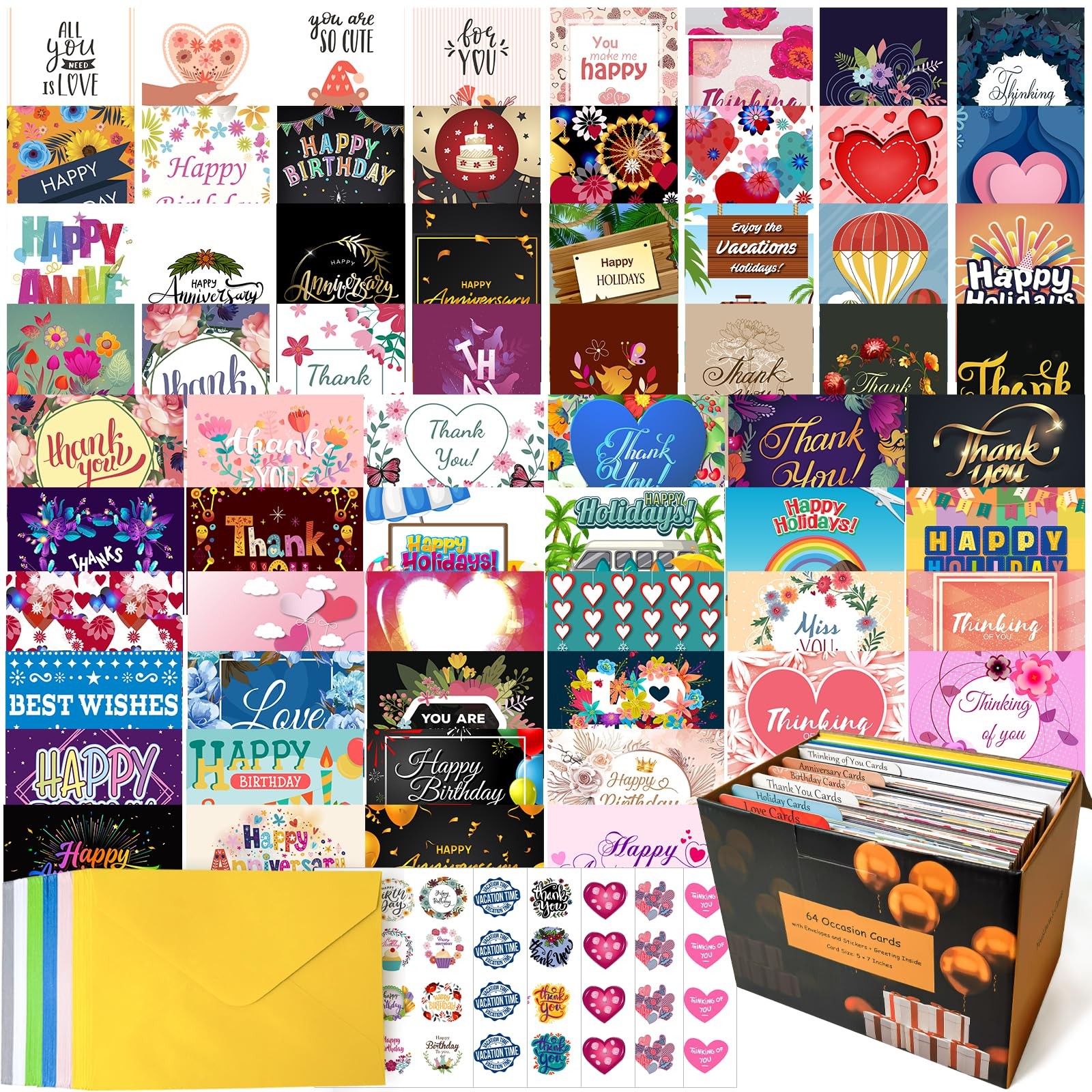 64 Pack All Occasion Cards Assortment Box with Envelopes & Stickers, 4×6 Inch…
