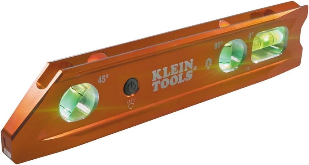 Klein Tools 935RBLT 9-Inch Lighted Torpedo Level Magnet V-Groove High-Visibility