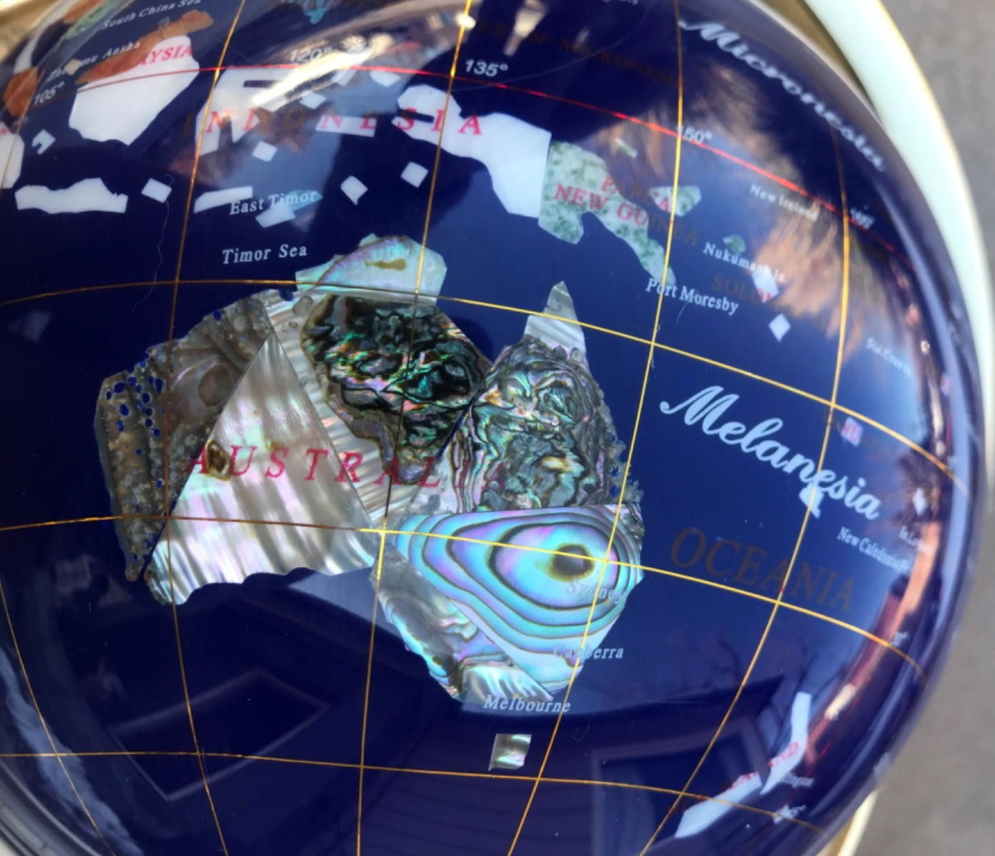 Globe Lapis Lazuli with Gemstones, Compass and Gold Plated Brass Stand 14″ Tall