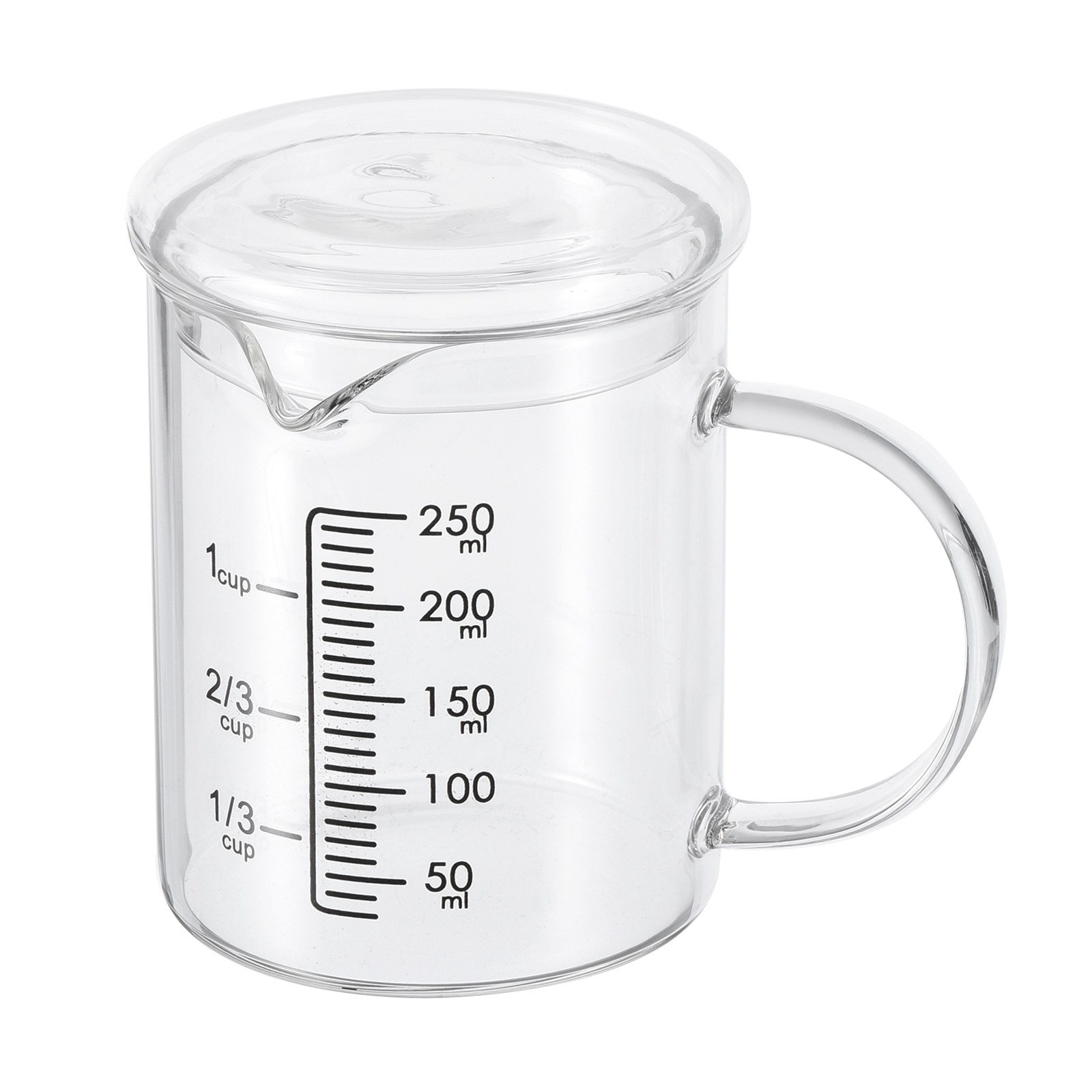 250ml Glass Measuring Cup 3.3 Borosilicate Glass Black Printed with Glass Lid