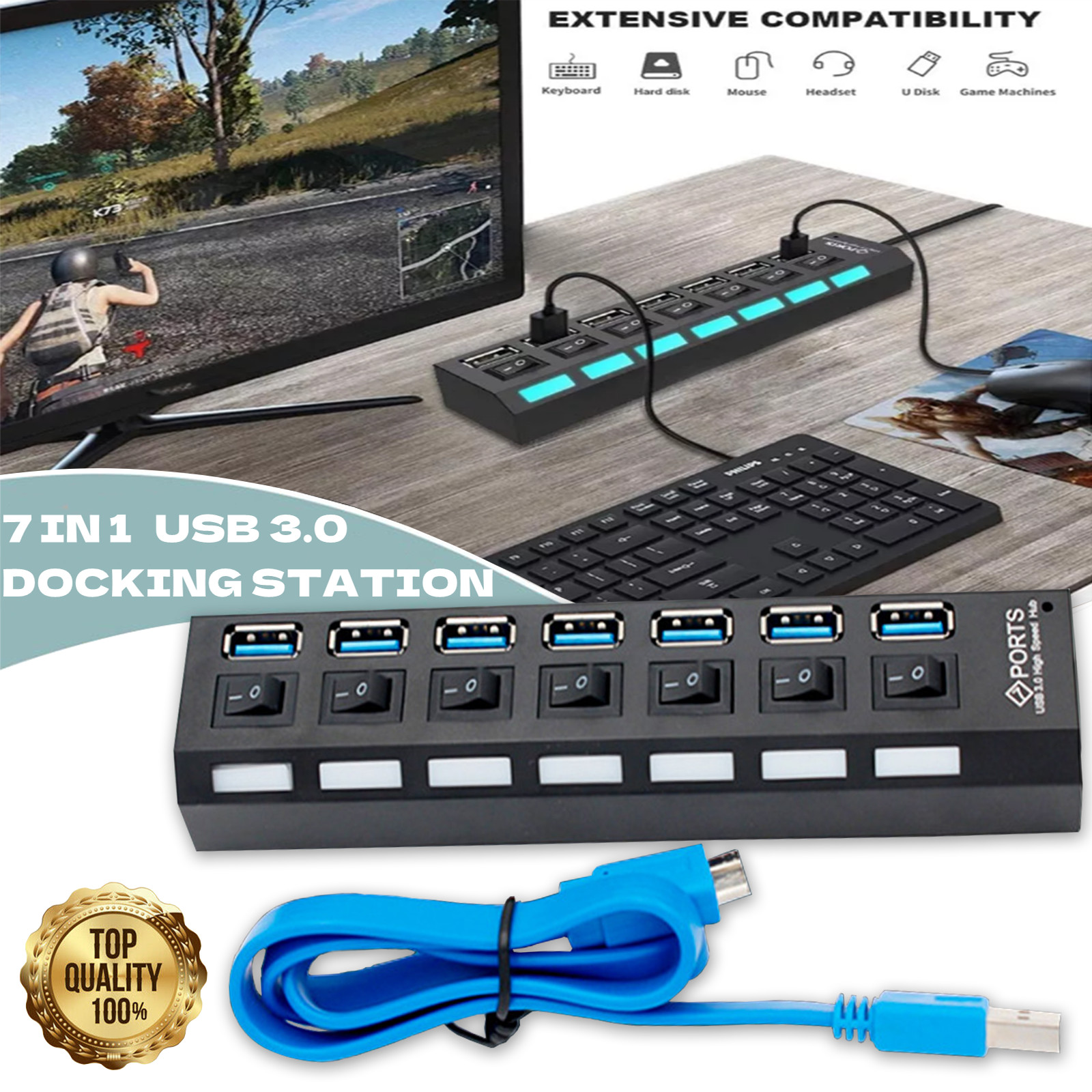 USB 3.0 Hub 7 Port On/Off Switch High Speed Splitter AC Adapter Cable PC Laptop