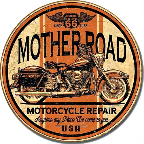 Mother Road Route 66 Motorcycle 12″ Round Tin Sign Nostalgic Metal Sign Decor