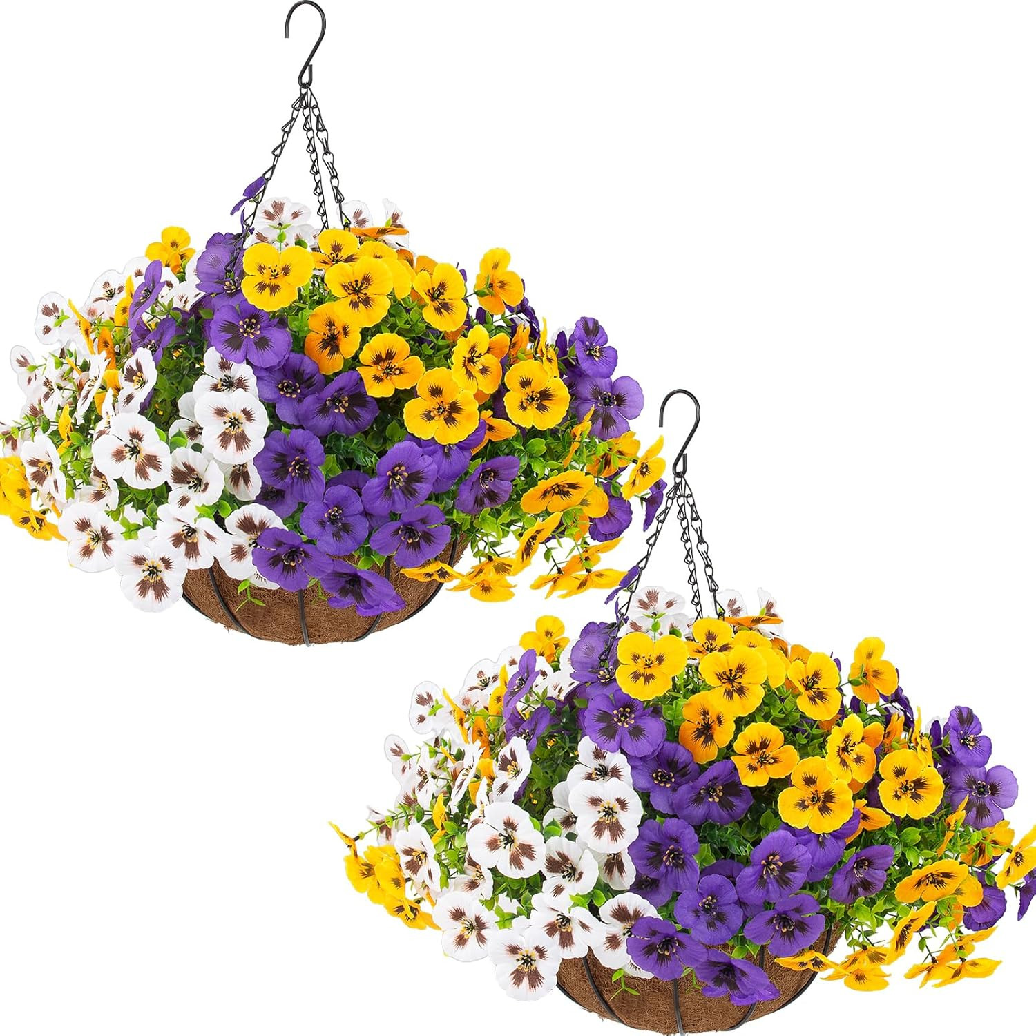 2 Sets Artificial Hanging Pansy Flowers with Baskets, 24 Pcs UV Resistant Faux S