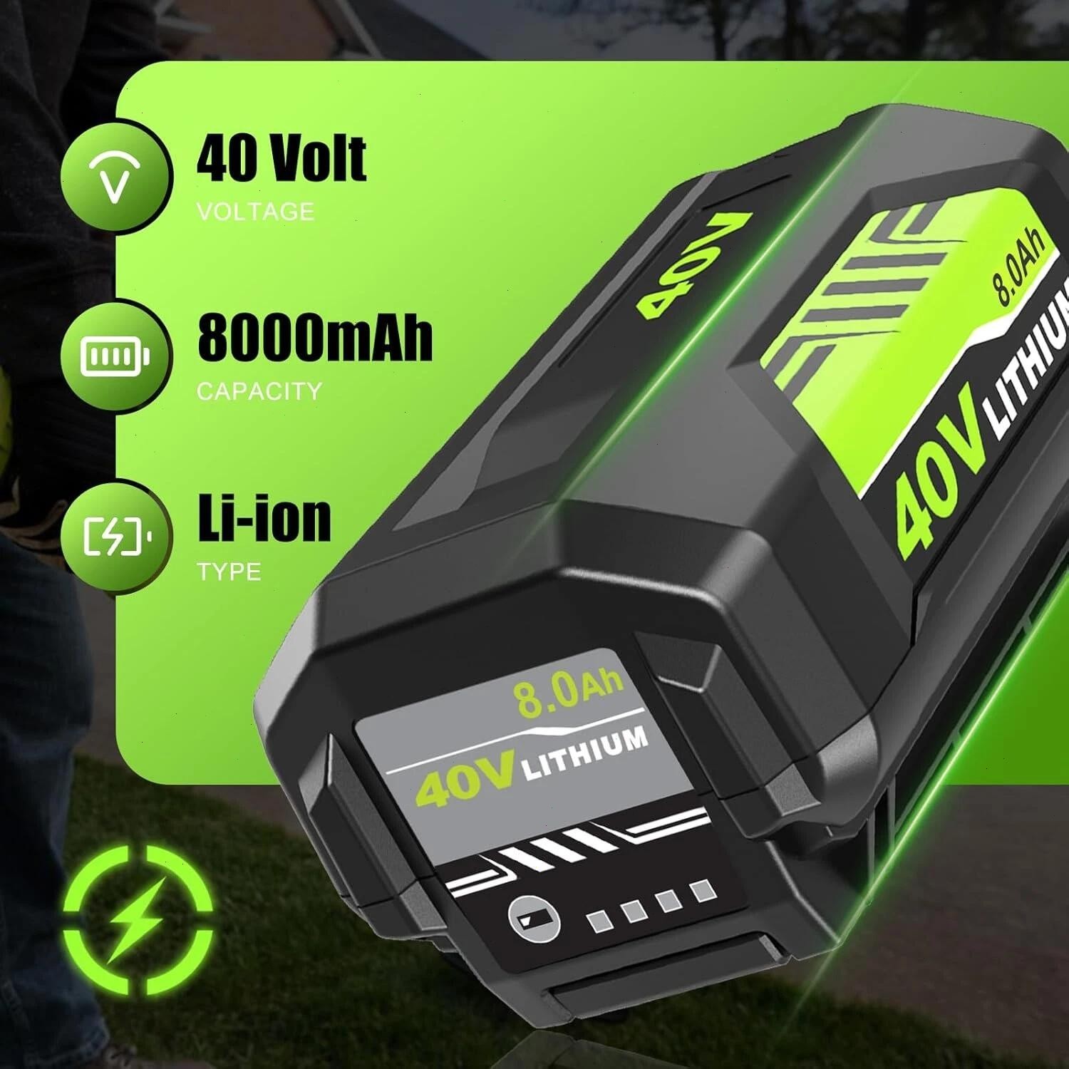 2Pack 8.0Ah Replacement for Ryobi 40V Lithium OP40602 Battery With LED / Charger