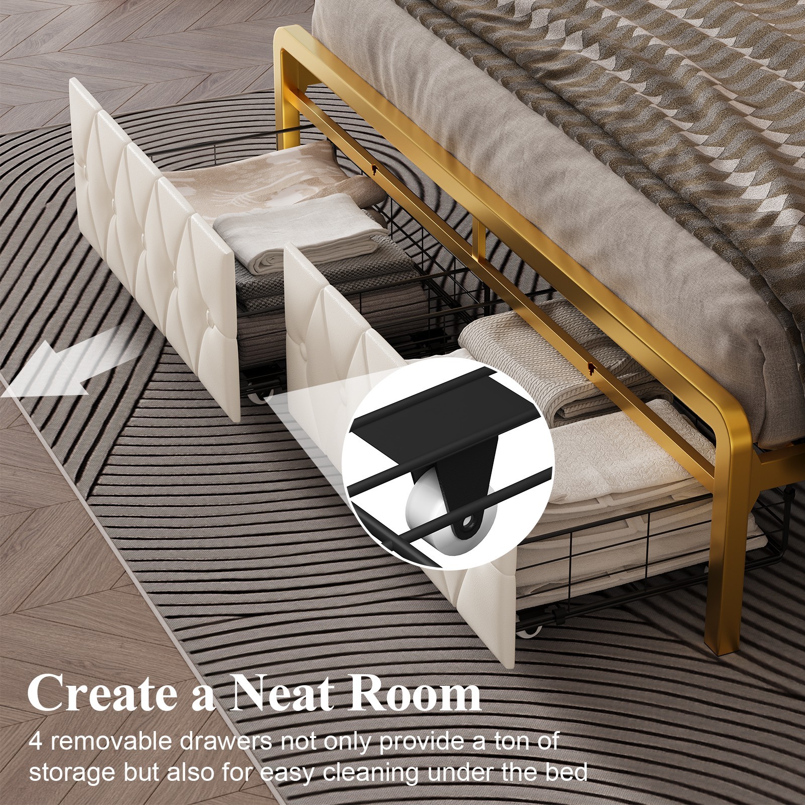 Upholstereded Bed Frame with 2 Storage Drawers, LED Lights,With Charging Station