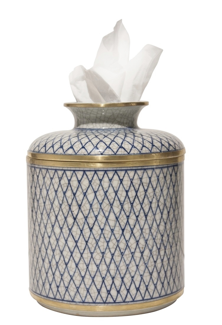 Porcelain Blue White Diamond Pattern Tissue Holder Jar Cover Kleenex Keeper Box