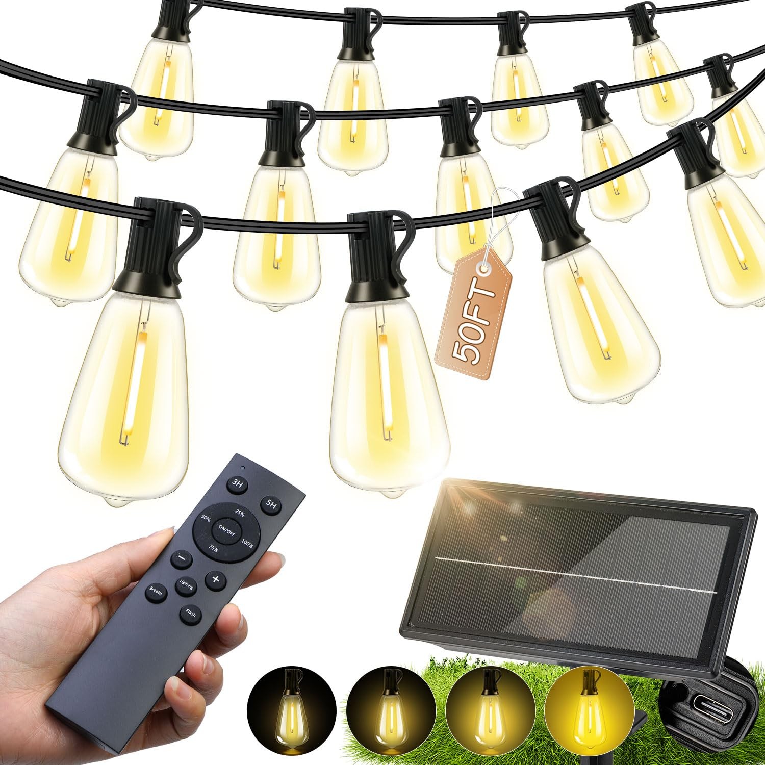 Solar Powered Outdoor Waterproof Patio Lights ST38 Shatterproof Bulbs 50′ 15M