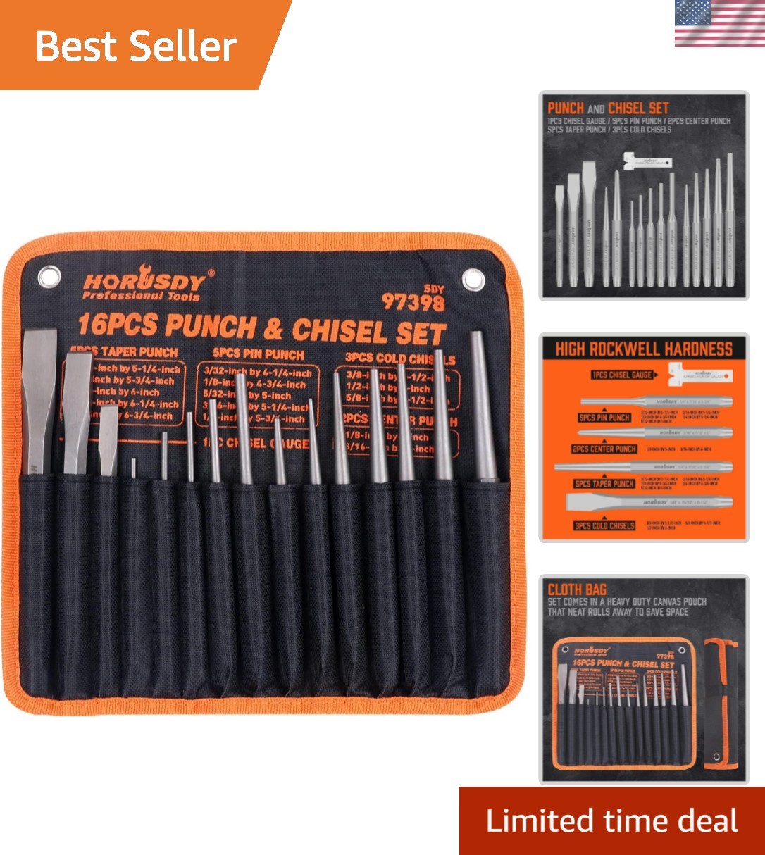 16-Piece Punch and Chisel Set, Including Taper Punch, Cold Chisels, Pin Punch…
