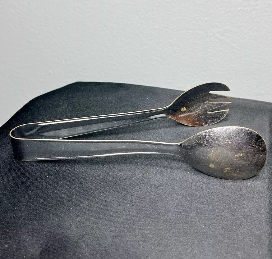 Vtg Effepi Silver Salad Serving Tongs Spork Spoon 8” Utensil Tool Italy *Flaws*