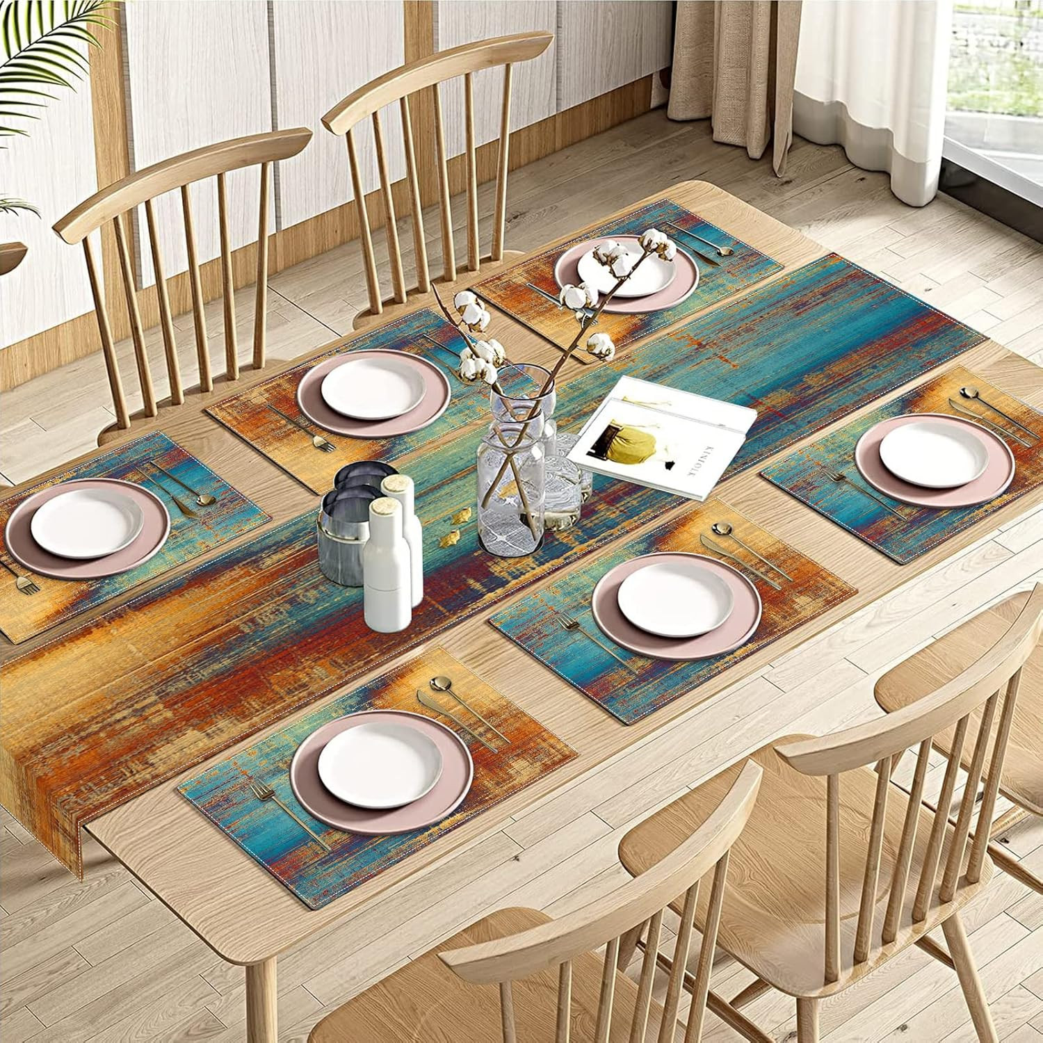 Blue and Orange Table Runner and Placemats Set of 6 Vintage Abstract Messy Ru…