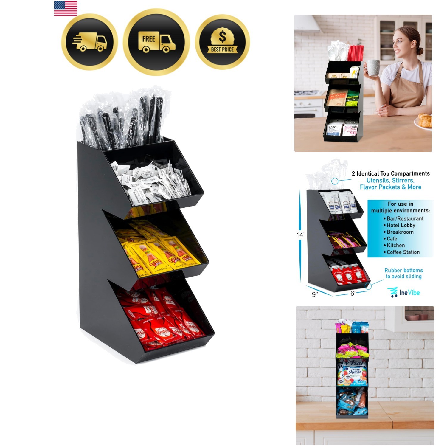 Condiment Holder Stand – 3 Tier Compartment for Condiments, Sauce Packets, an…