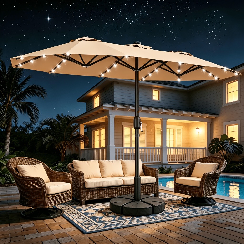 13ft Double Sided Patio Umbrella with Stand Base Solar Lights Crank Lift Outdoor