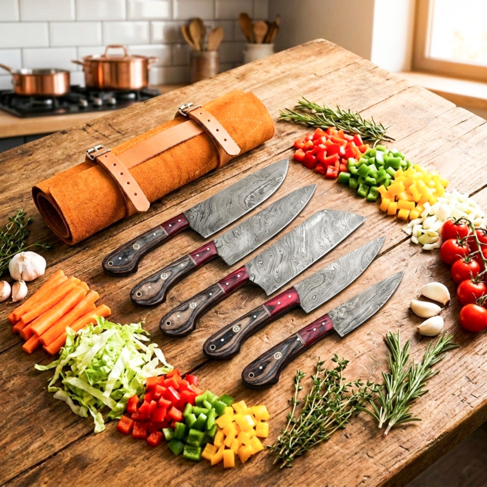 Handmade Damascus Steel Kitchen Knife Set – 5 Pc Chef Knives / Wood Handle