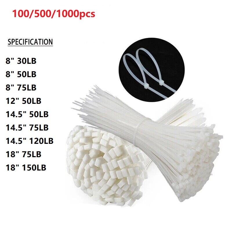 100-1000PCS 8″ 12″ 14″ 18″ Cable Zip Ties Heavy Duty Nylon Wrap Wire Self-lock