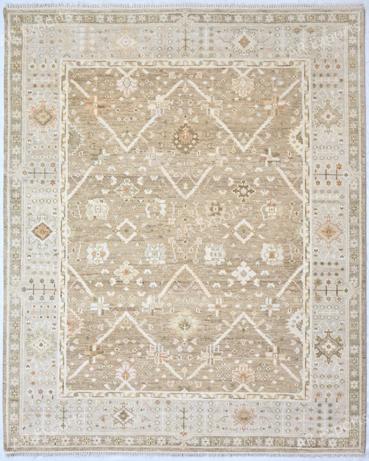 Hand Knotted Oushak Rug Brown Beige Wool Area Rug Custom Size