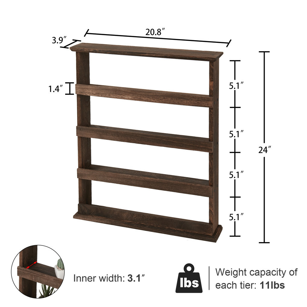 Rustic Torched Wood Wall-Mounted 4-Tier Spice Rack Hanging Spice Shelf Storage